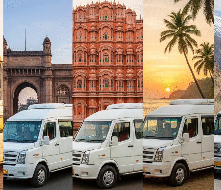 Different Tempo Travellers with Different Destination standing in white color.