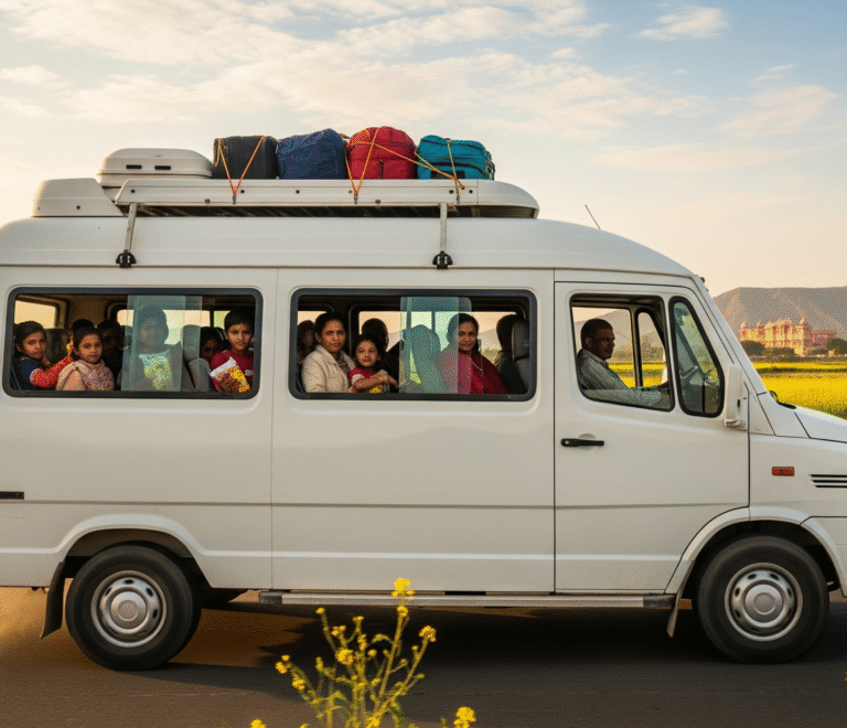A white color tempo traveller travels down a highway in Rajasthan at sunset, carrying a family.