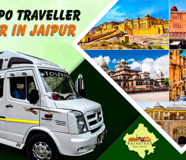 White Tempo Traveller 12 Seater in Jaipur parked for family sightseeing and group travel by Rajasthan Tour Travel